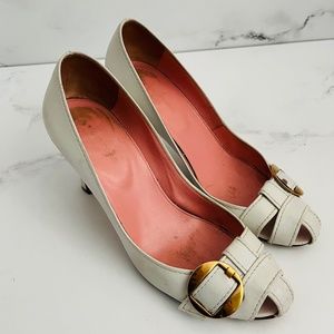 Sergio Rossi Gold Buckle White Leather Heels